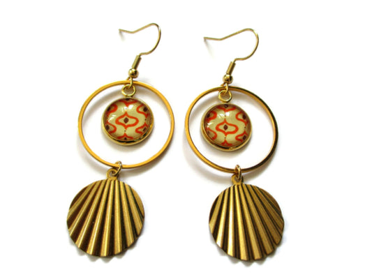 Boucles d'oreilles acier inoxydable doré, Boucles motif rétro 70's beige et orange, médaille dorée