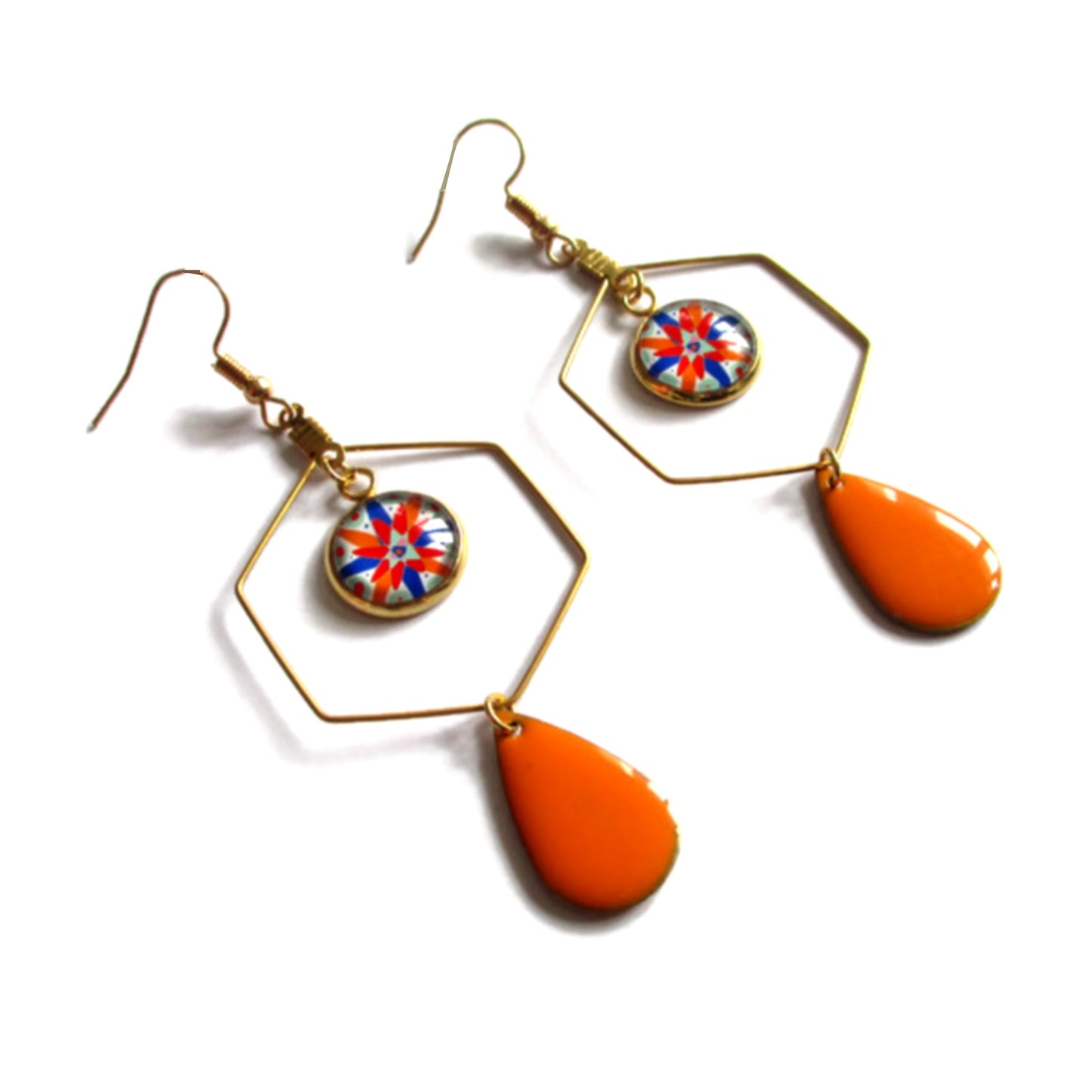 Boucles d'oreilles acier inoxydable doré, Boucles hexagones motif géométrique coloré émail orange ou bleu