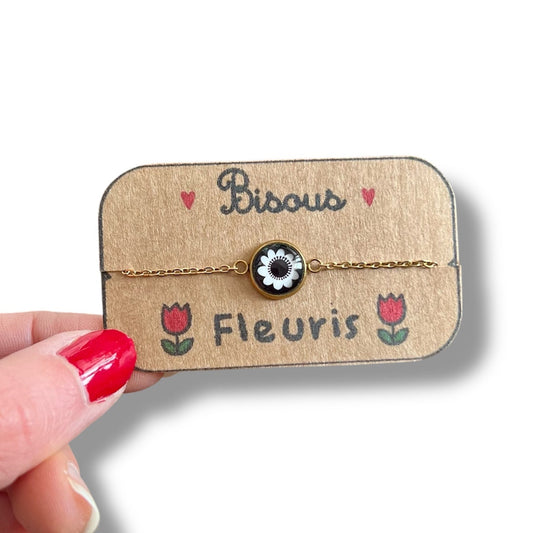 Black and white floral bracelet, golden or silver finish