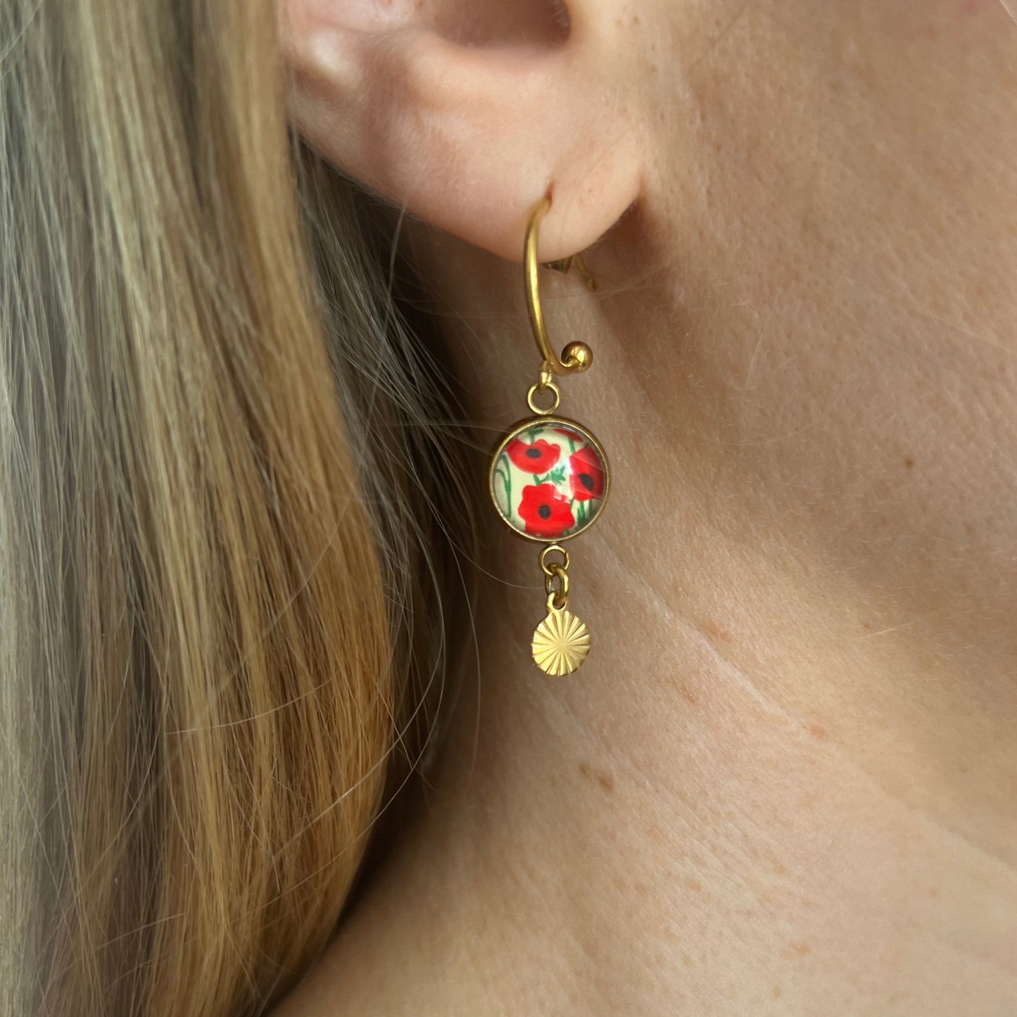 Orange and Green Mandala HOOP EARRINGS, golden or silver finish