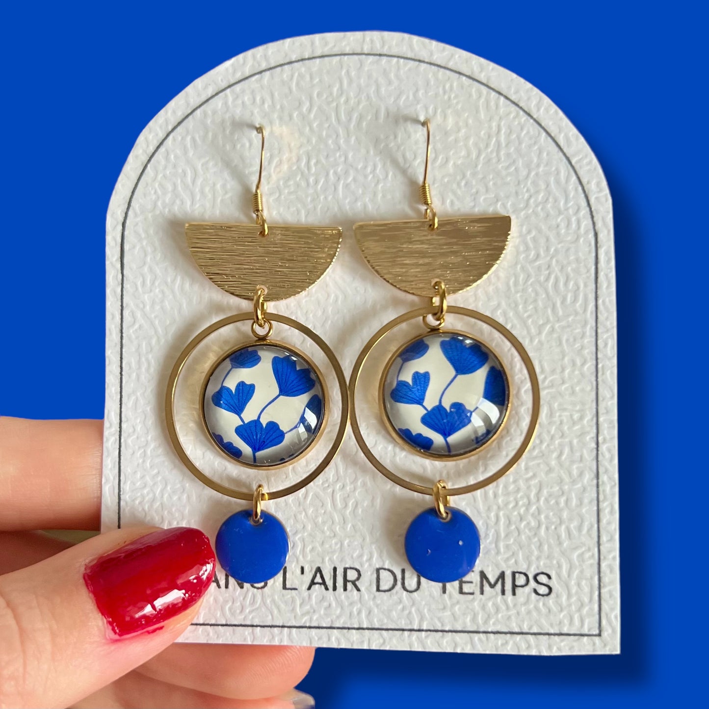 blue ginkgo leaves Earrings , Golden Stainless Steel Earrings 