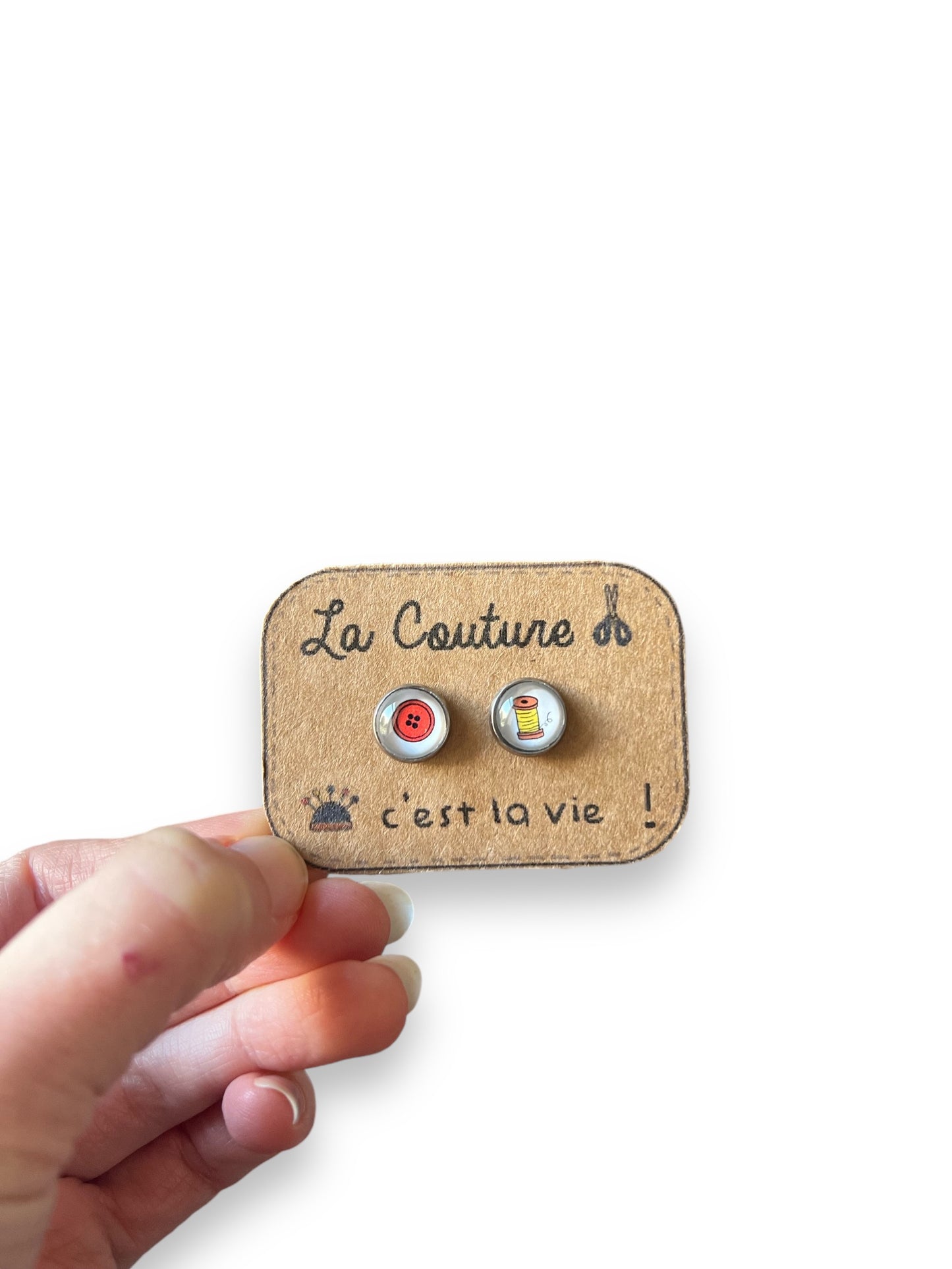 Mismatched Button and Thread Stud Earrings / "La Couture c'est la Vie! "