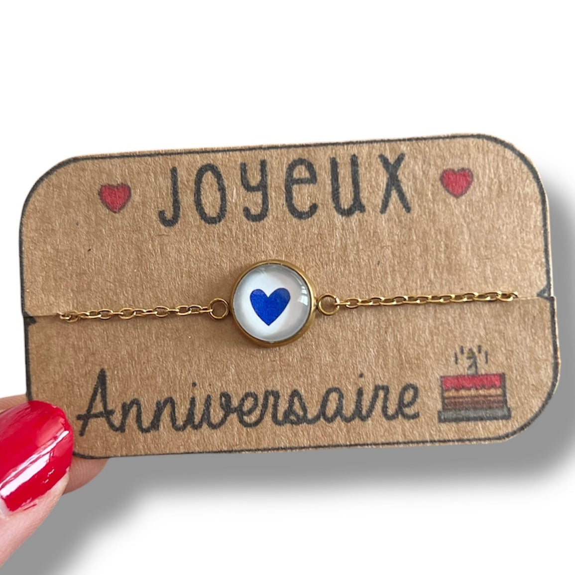 Bracelet Coeur bleu, joyeux anniversaire finition dorée ou argentée