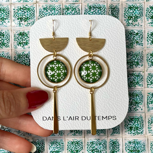 green and White geometric pattern Earrings , Golden or Silver Finish 