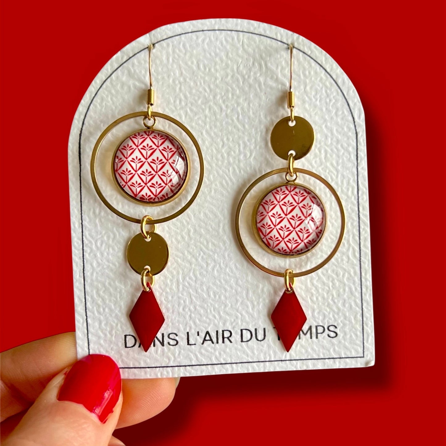 Red and White mismatched Earrings , Golden or Silver Finish 