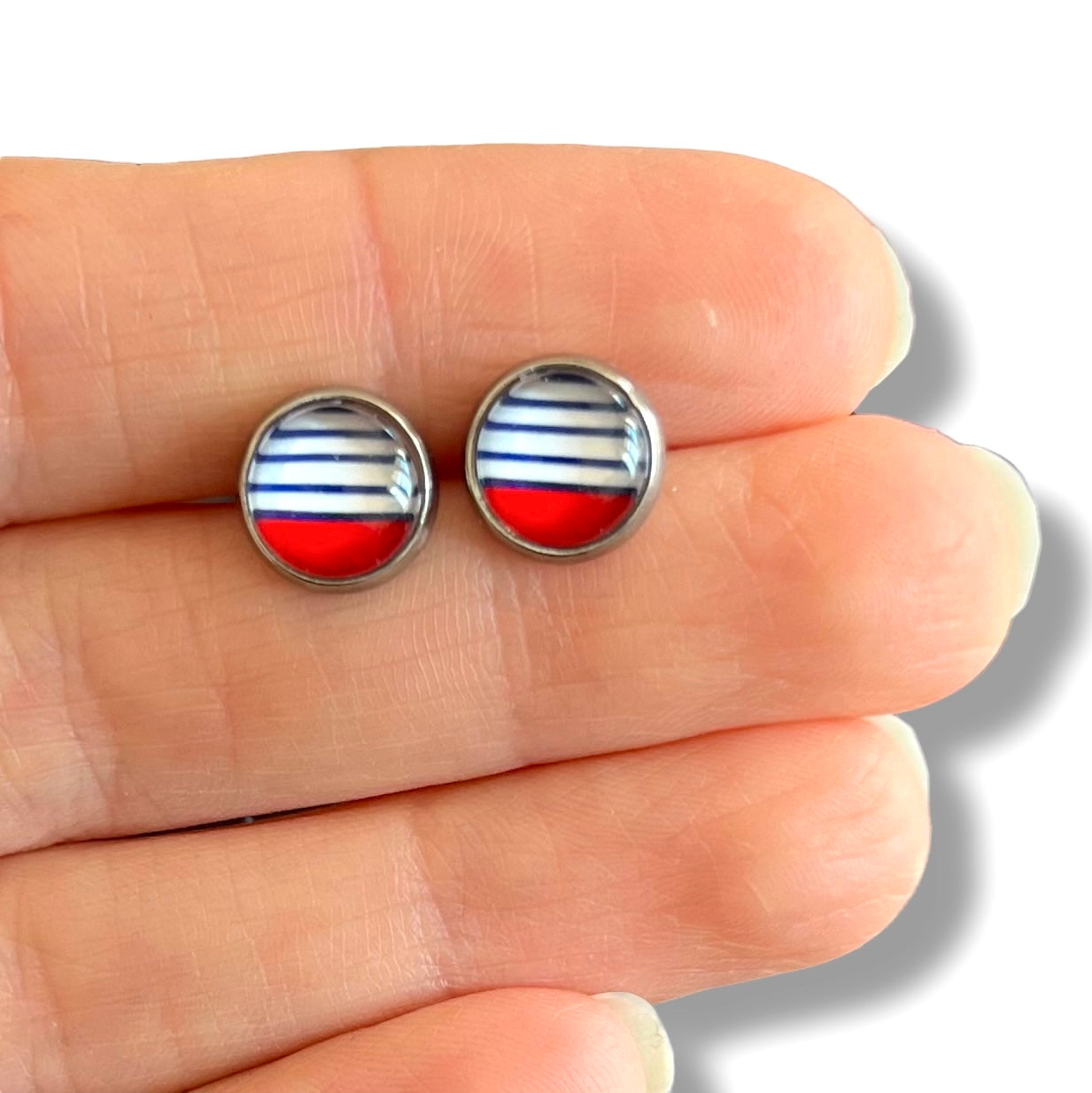 Puces d'Oreilles Enfant Rayures Bleues et Rouges /Miss Bronzette!