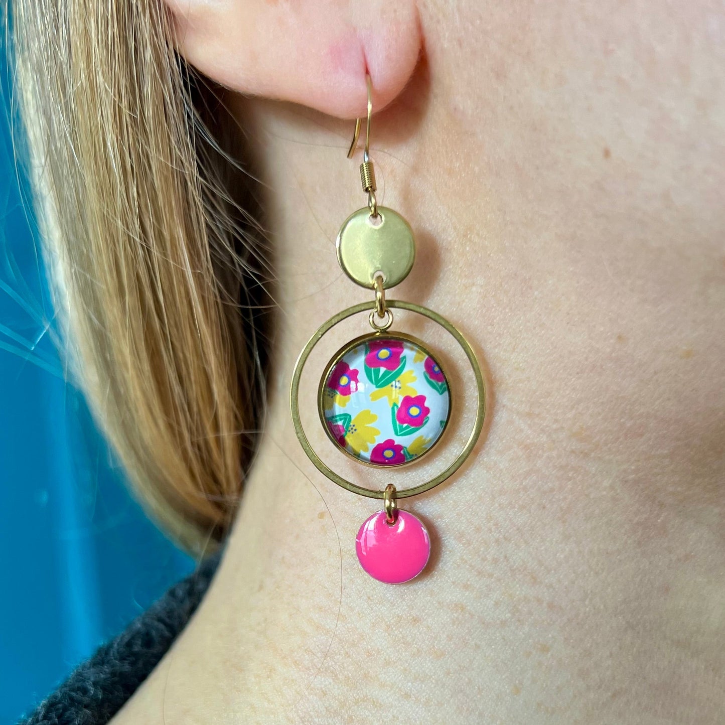 pink an yellow floral and mismatched Earrings , Golden or Silver Finish