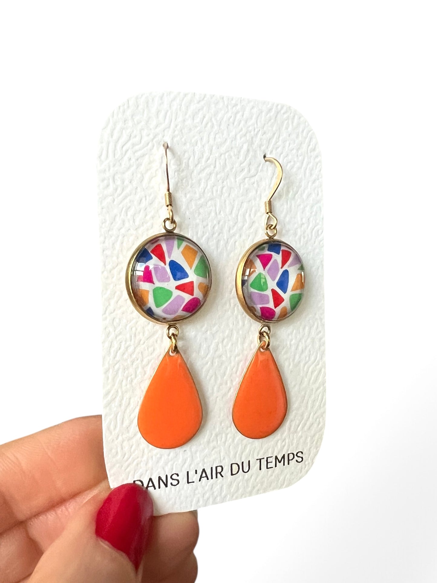 BOUCLES D'OREILLES pendantes motif terrazzo multicolore, finition dorée ou argentée