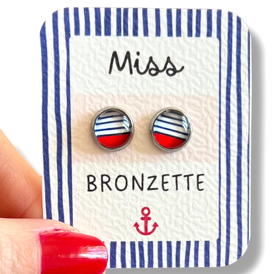 Puces d'Oreilles Enfant Rayures Bleues et Rouges /Miss Bronzette!