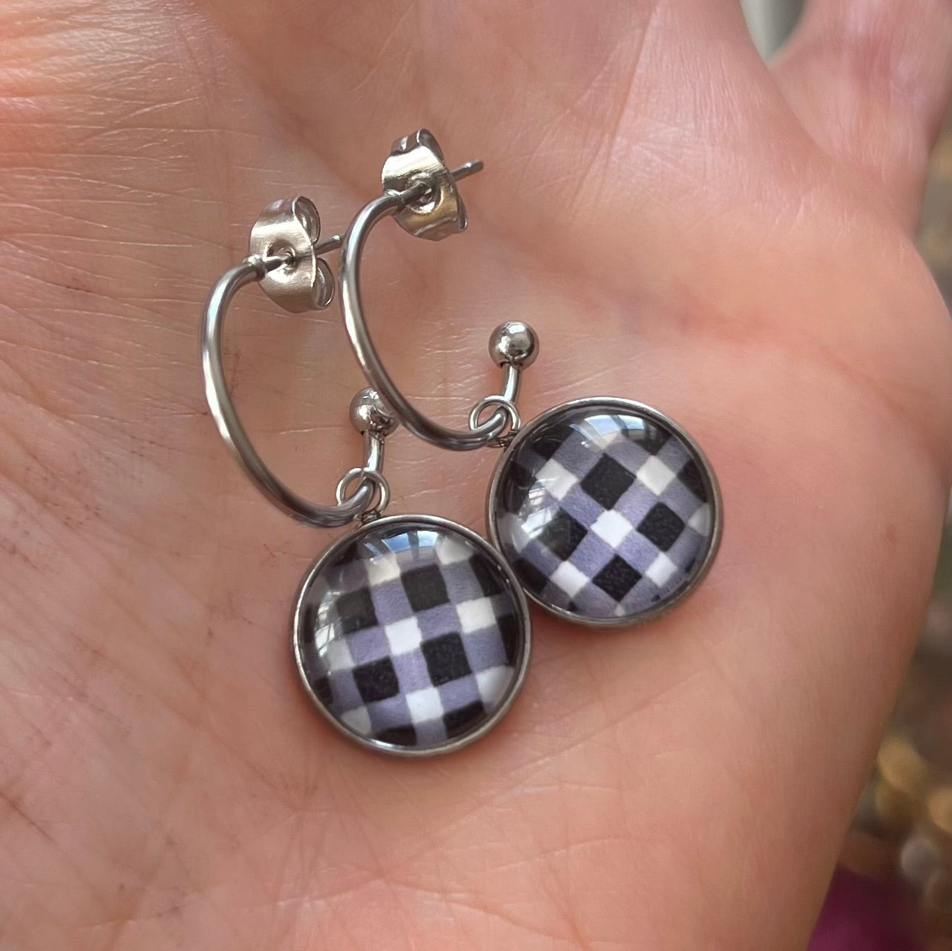 Black and White Gingham Hoop Earrings