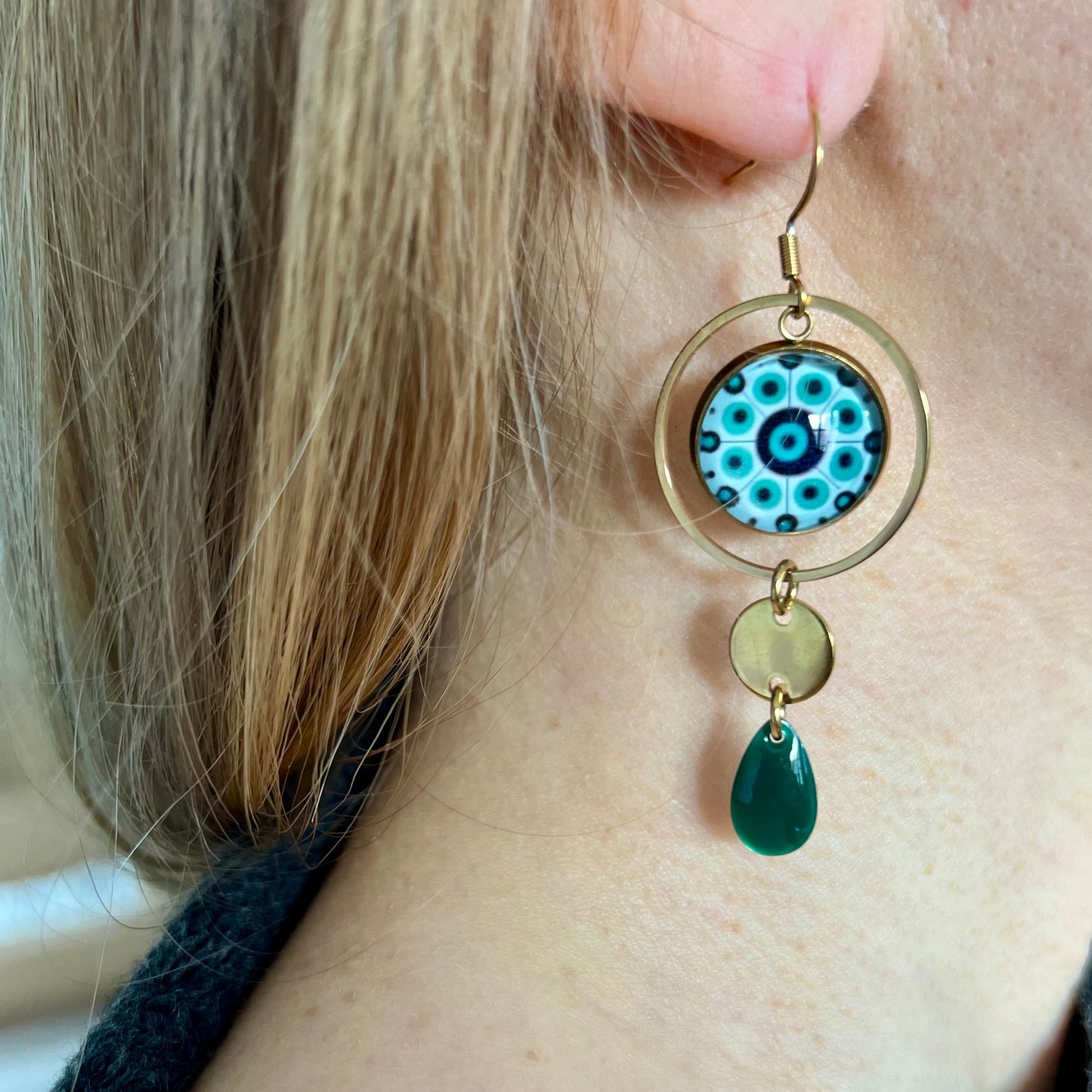 Turquoise mandala mismatched Earrings , Golden or Silver Finish