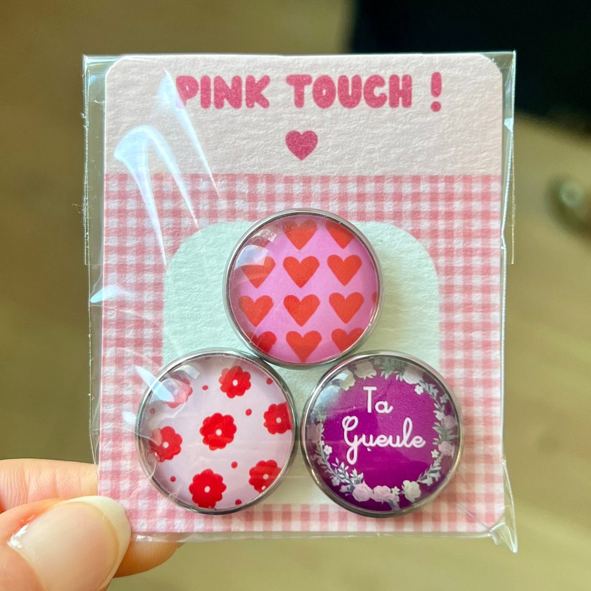 Lot de 3 magnets colorés - Cœurs, Fleurs et message humoristique