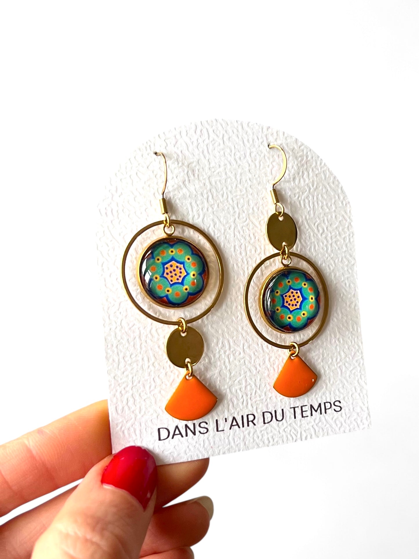 Orange and green floral mismatched Earrings , Golden or Silver Finish