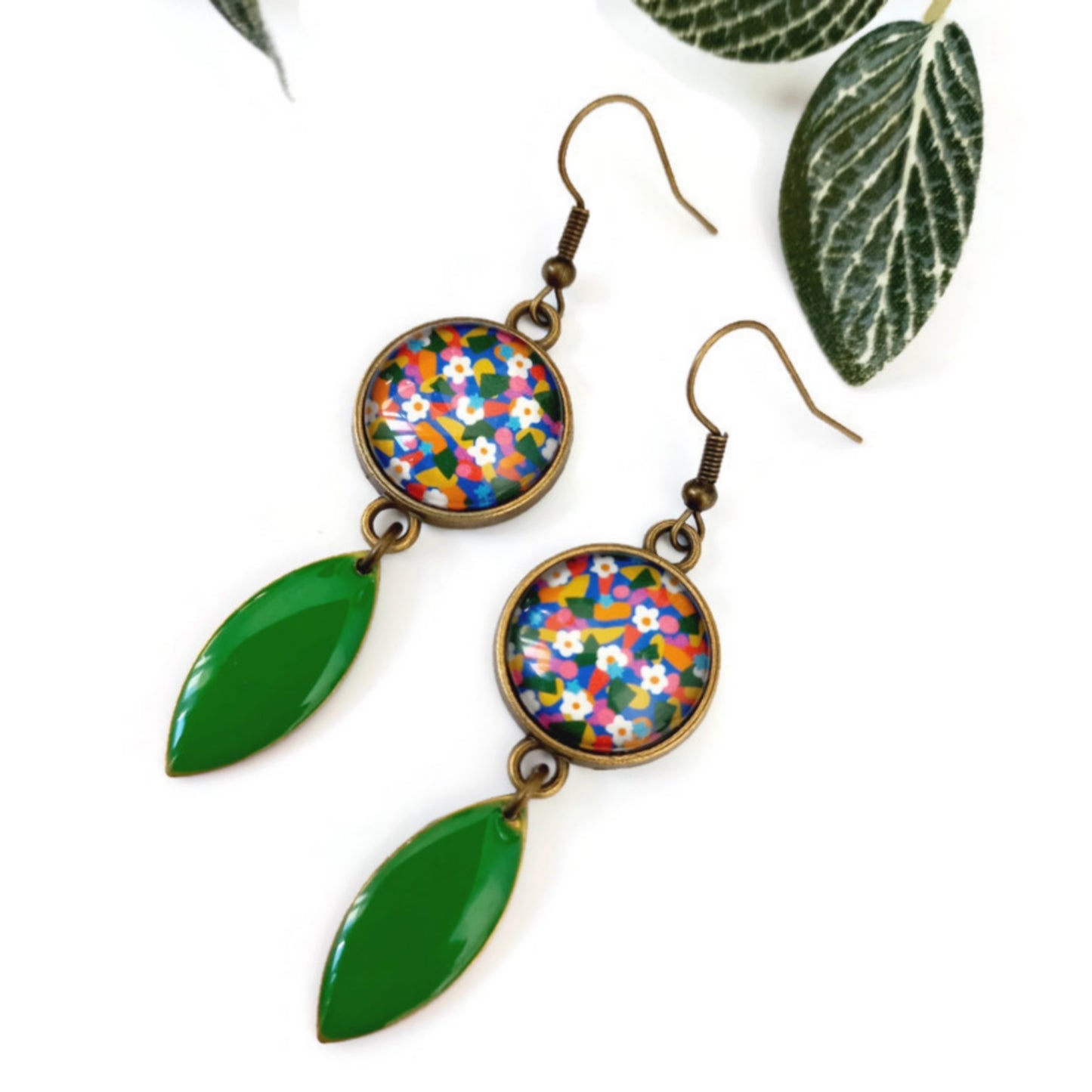 Boucles d'Oreilles Fleurs Multicolores, émail Vert