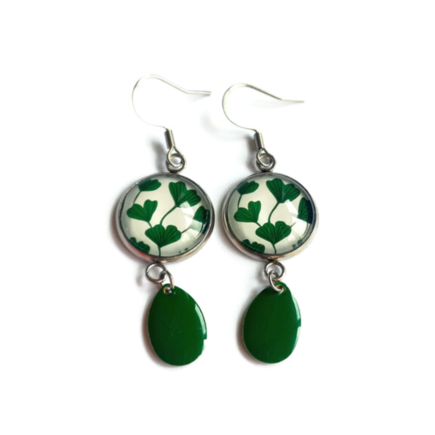 BOUCLES D'OREILLES dorées/ argentées pendantes feuilles de ginkgo, email vert