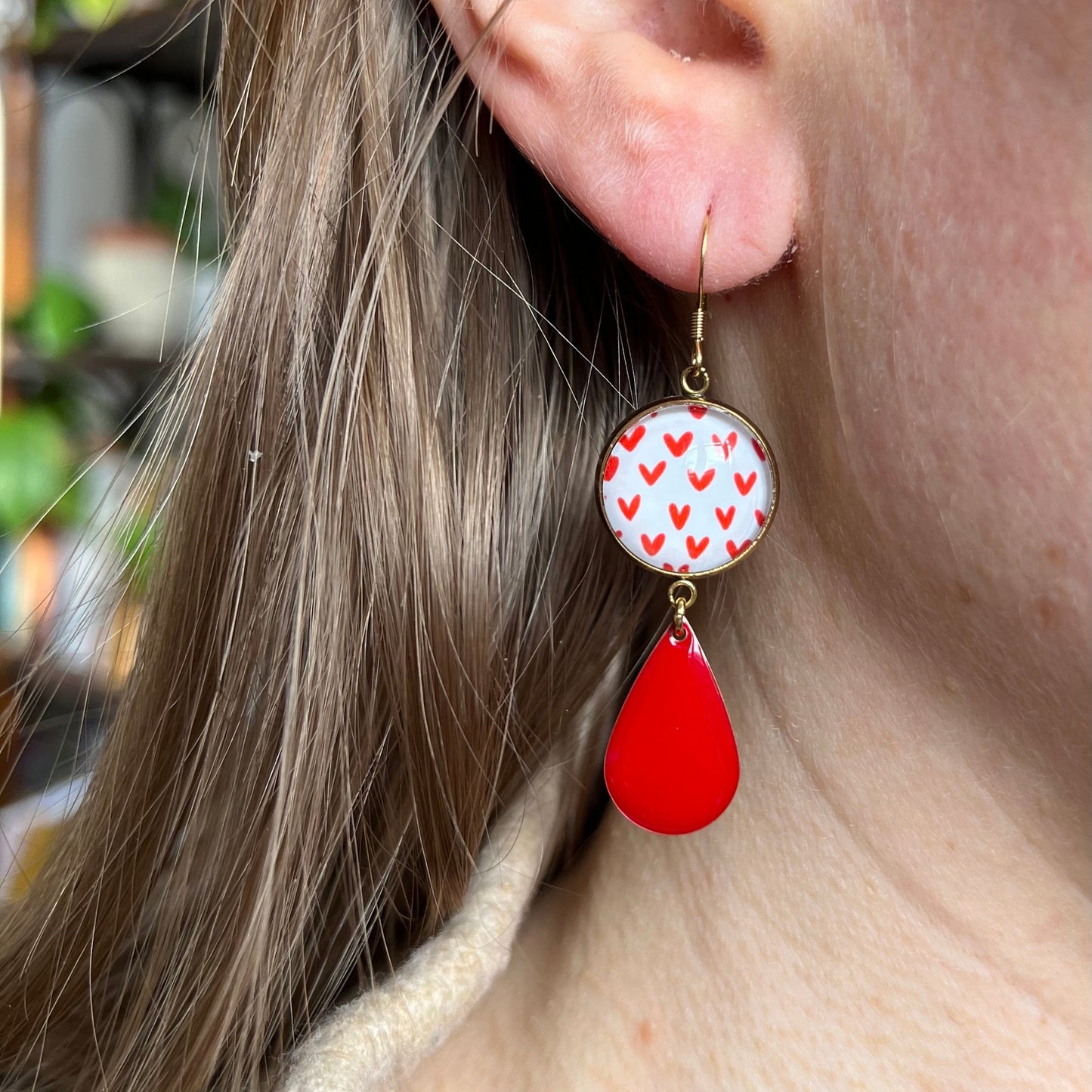 small red hearts Earrings, red Enamel, Golden or Silver Finish