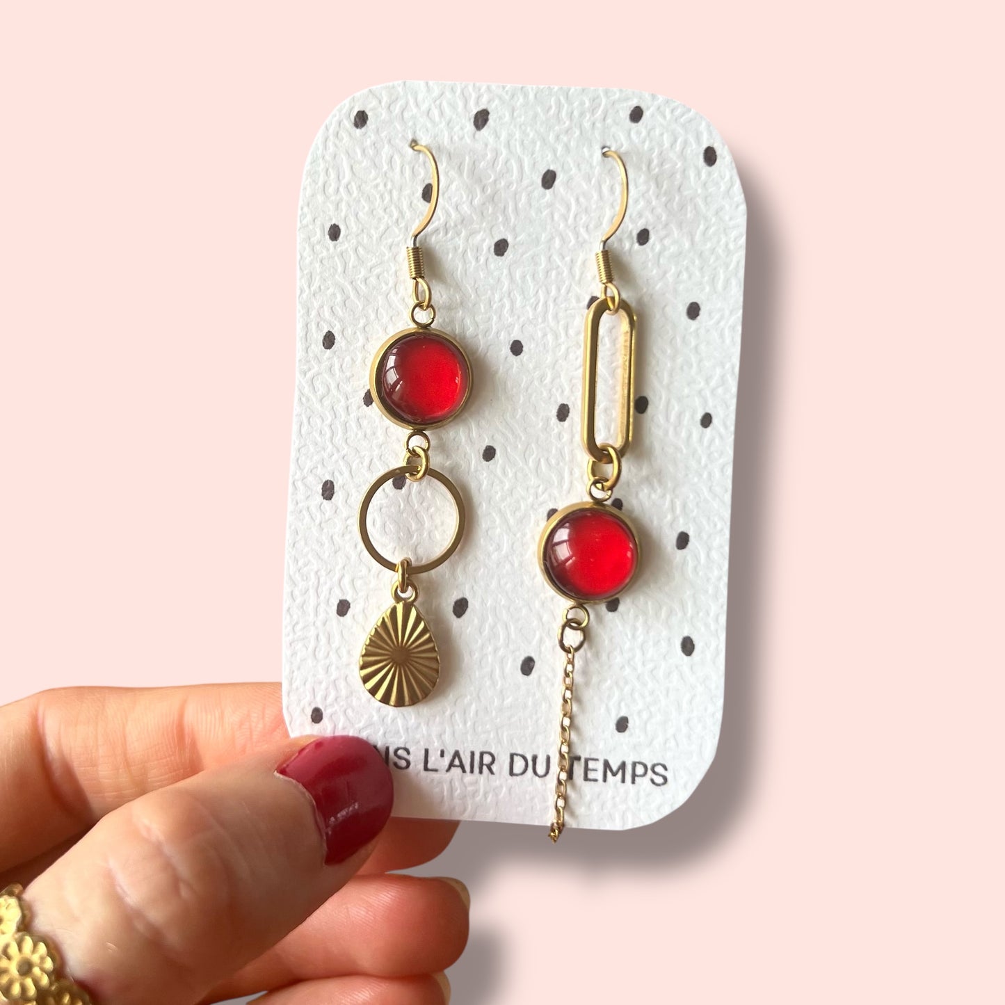 Red mismatched Earrings , Golden Finish