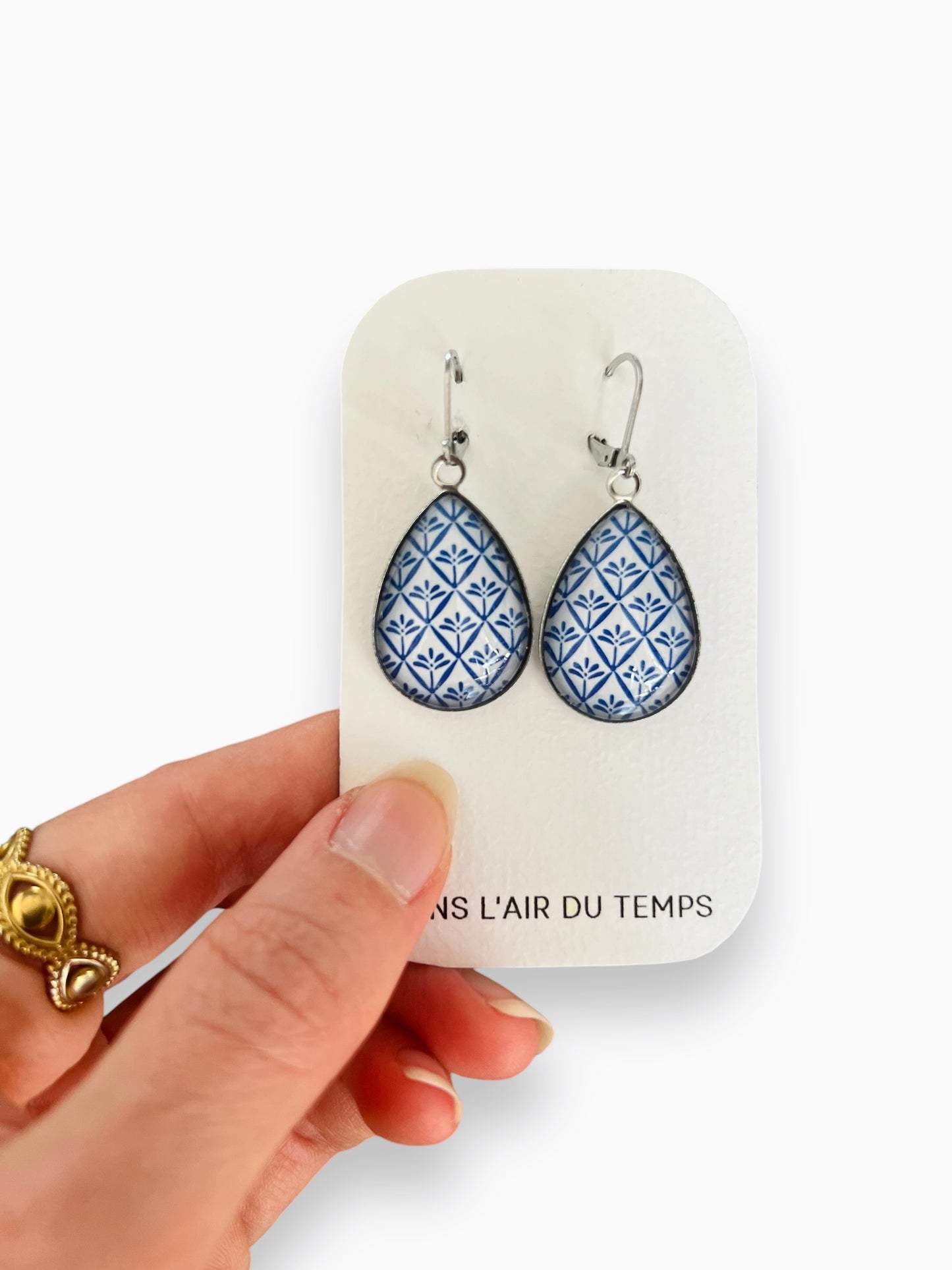 Blue and White Silver Teardrop Earrings