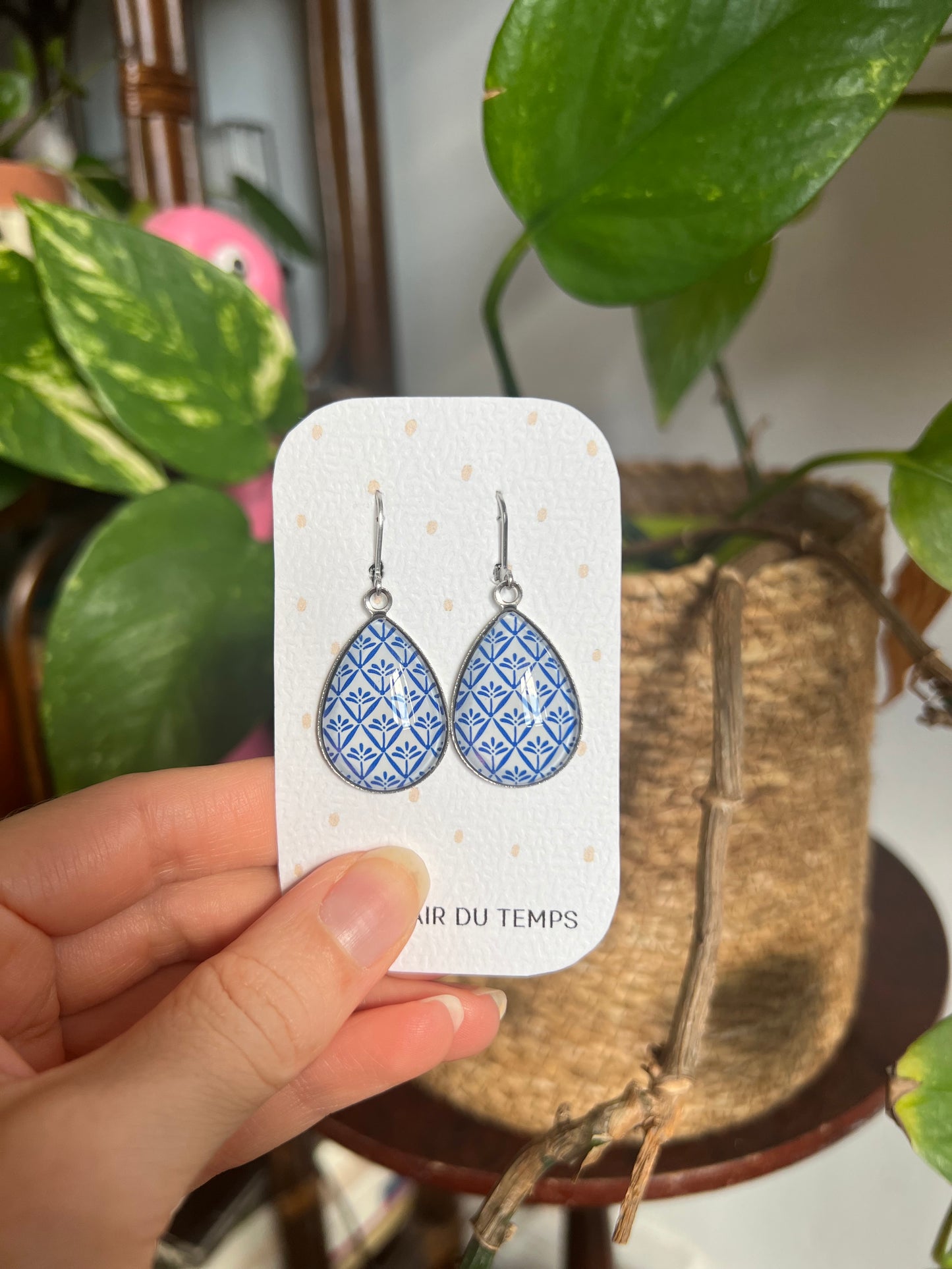 Blue and White Silver Teardrop Earrings