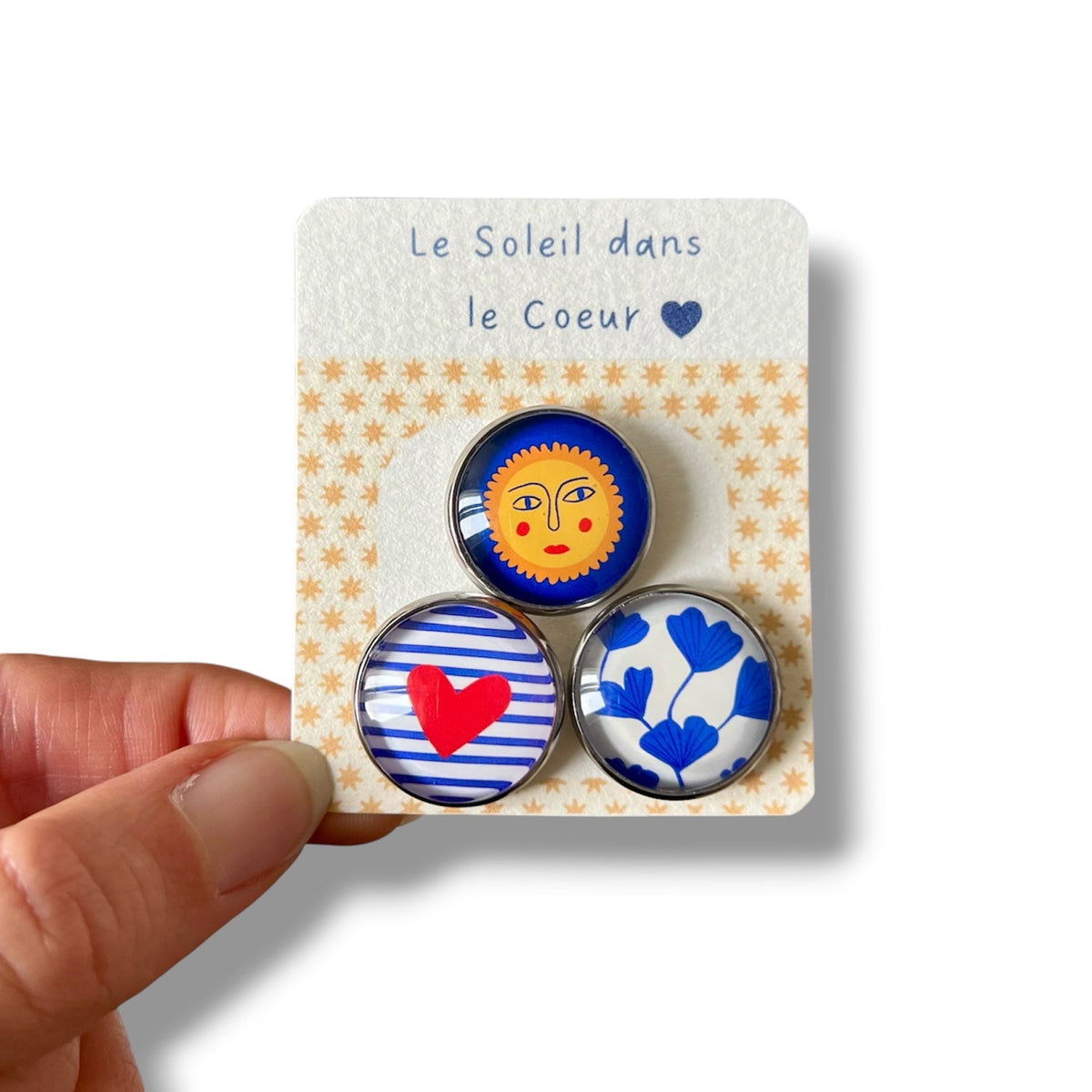 Lot de 3 magnets colorés - Soleil, Cœur et Ginkgo