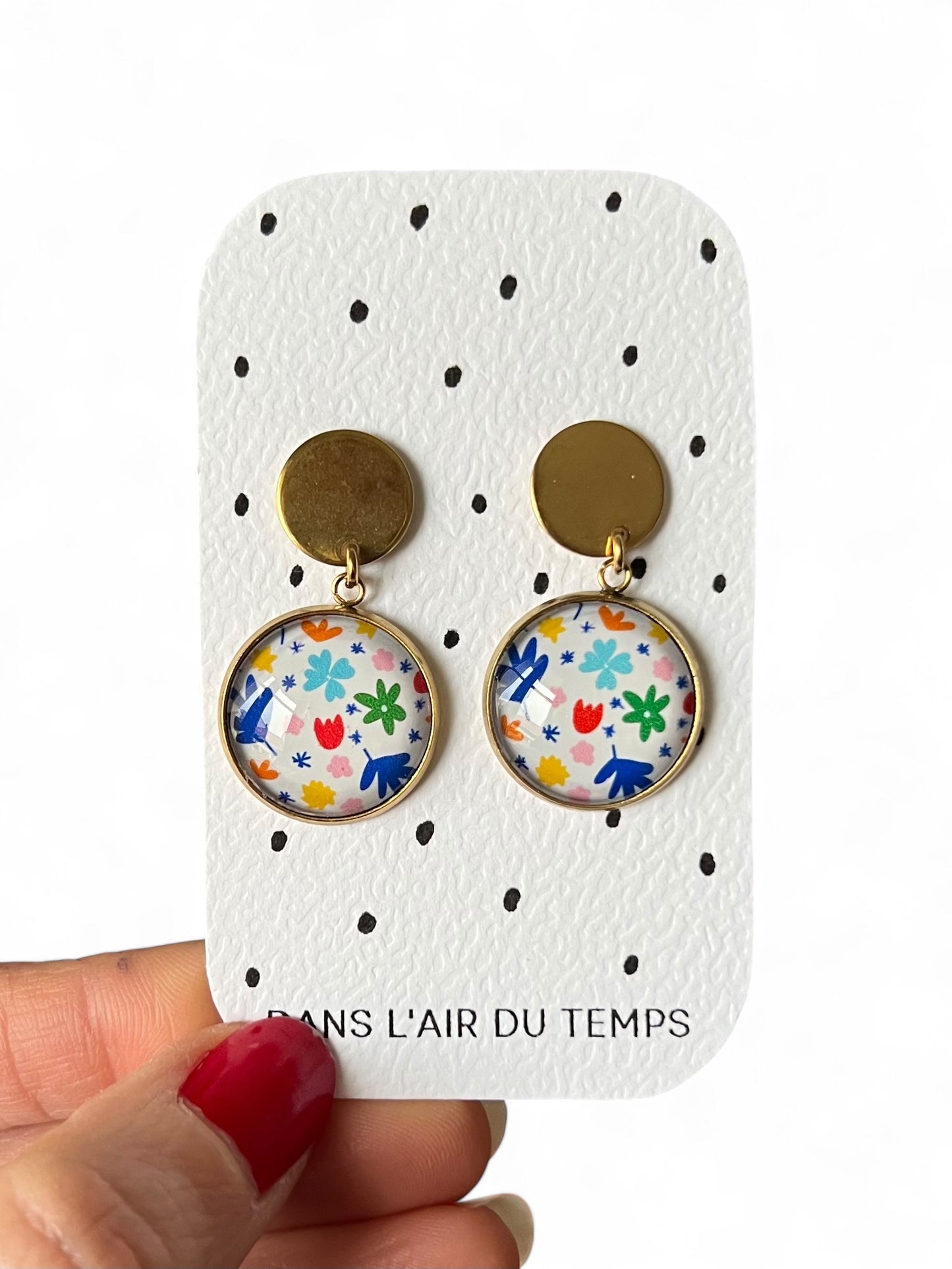 Boucles d'Oreilles motif géométrique multicolores style matisse finition dorée ou argentée