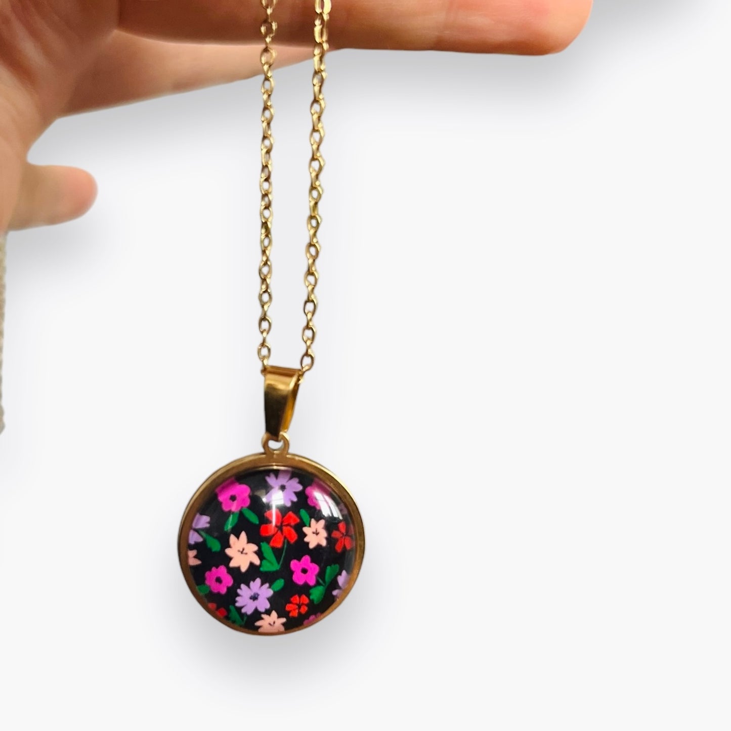 Pink, red and black FLORAL Necklace - Golden Stainless Steel Necklace 