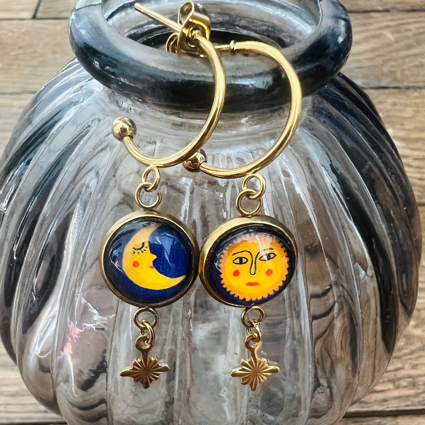 Sun Face and Moon HOOP EARRINGS