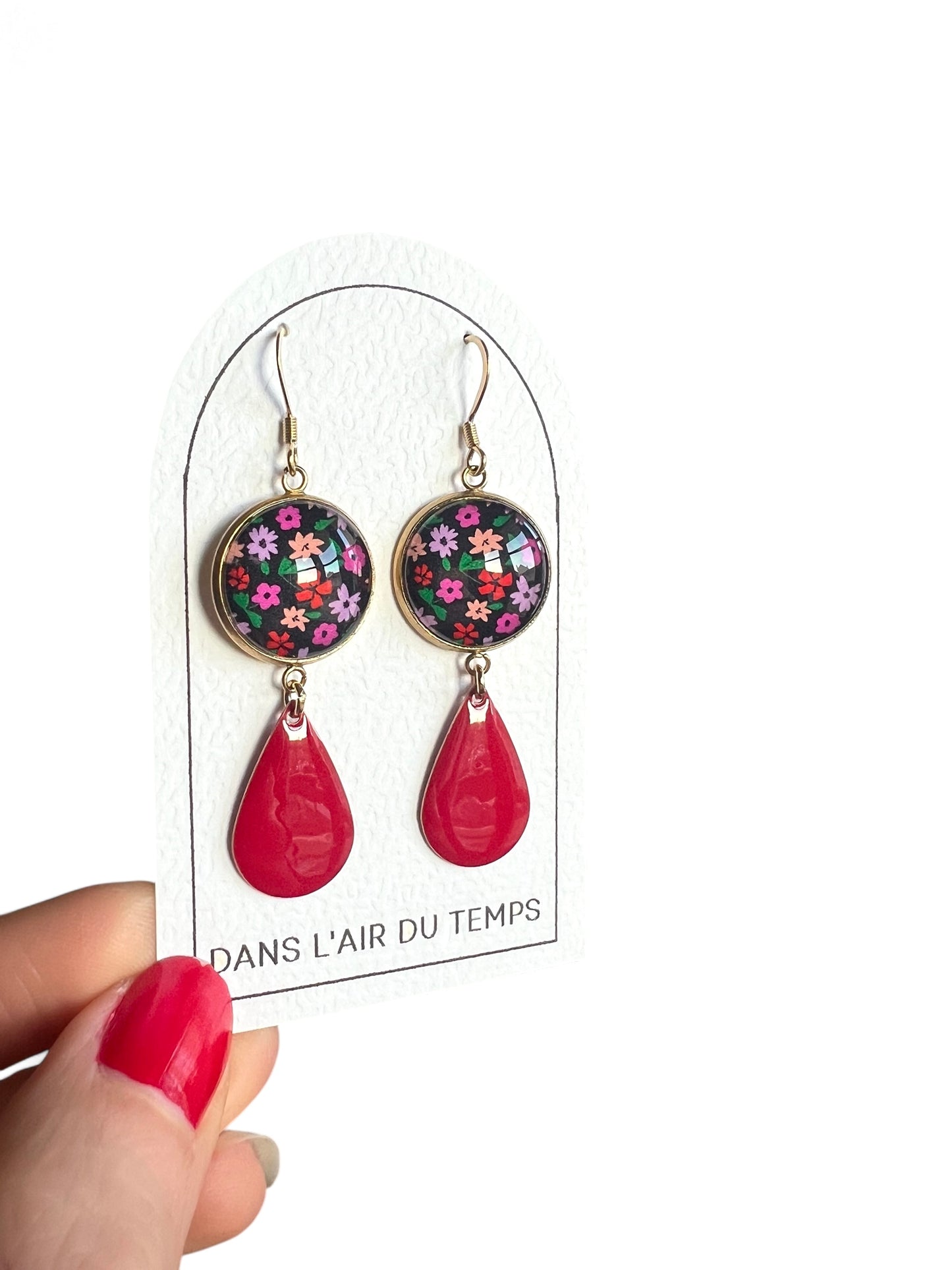 Pink and red Flowers Earrings, red Enamel, Golden or Silver Finish