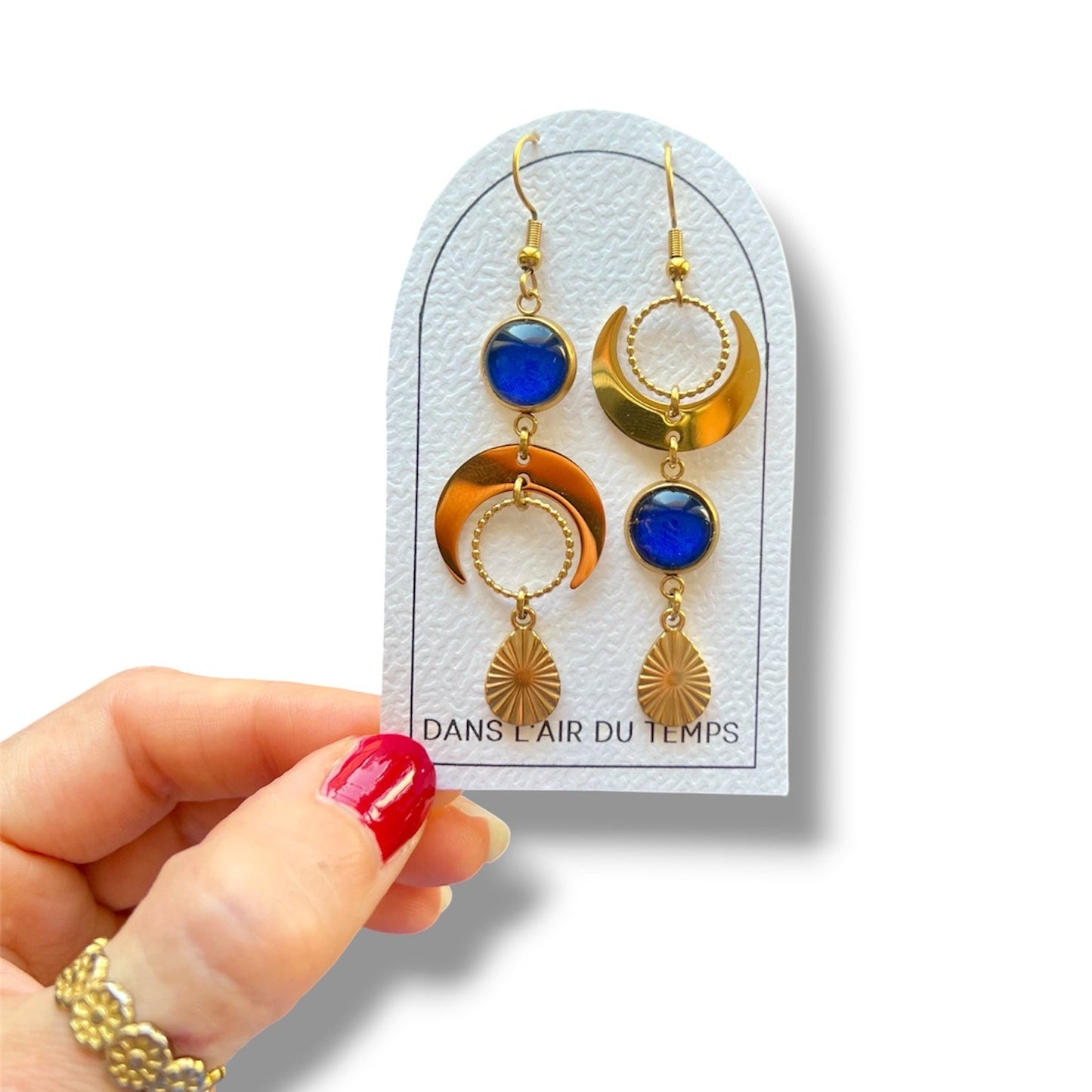 Boucles d'oreilles asymétriques lunes bleu foncé