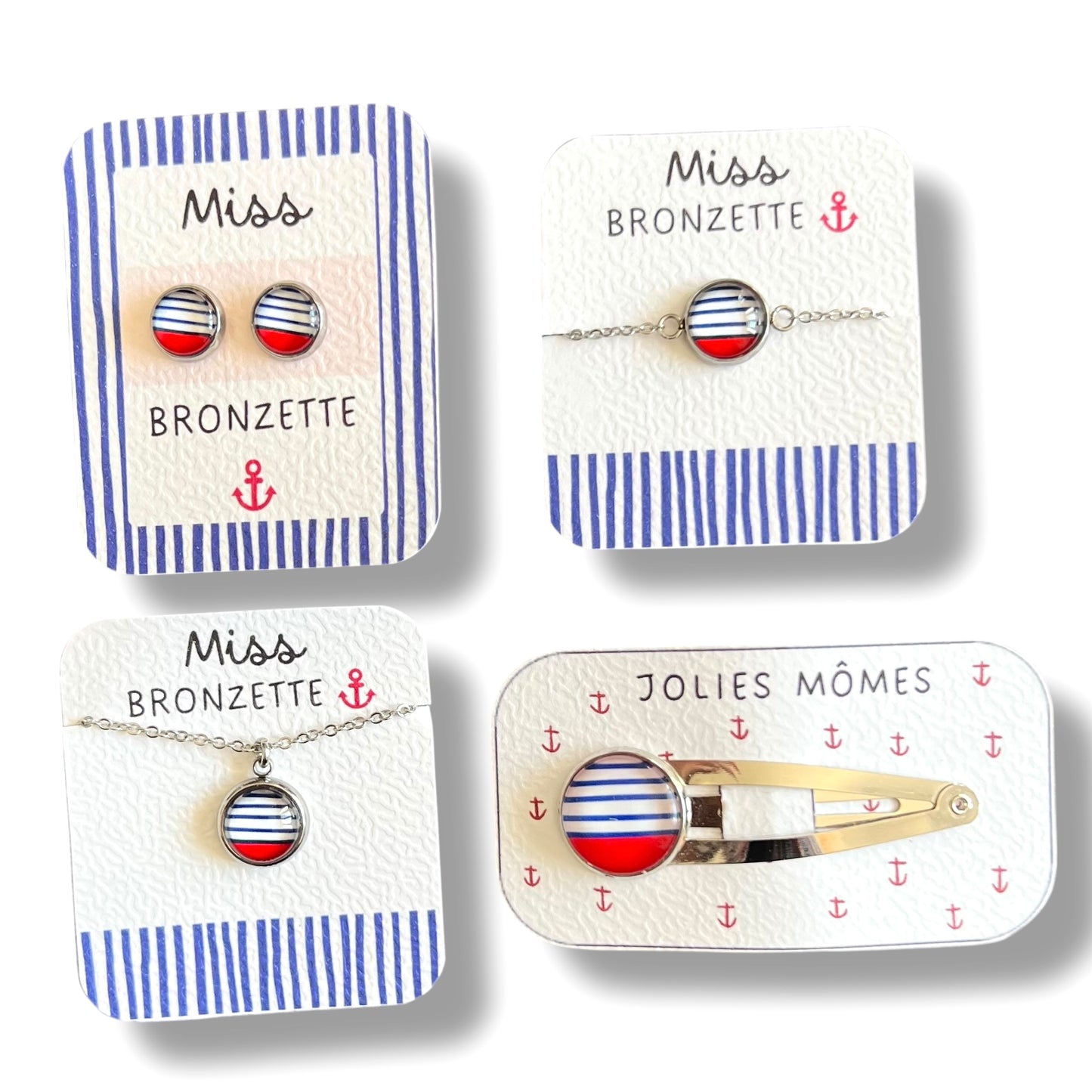 Puces d'Oreilles Enfant Rayures Bleues et Rouges /Miss Bronzette!