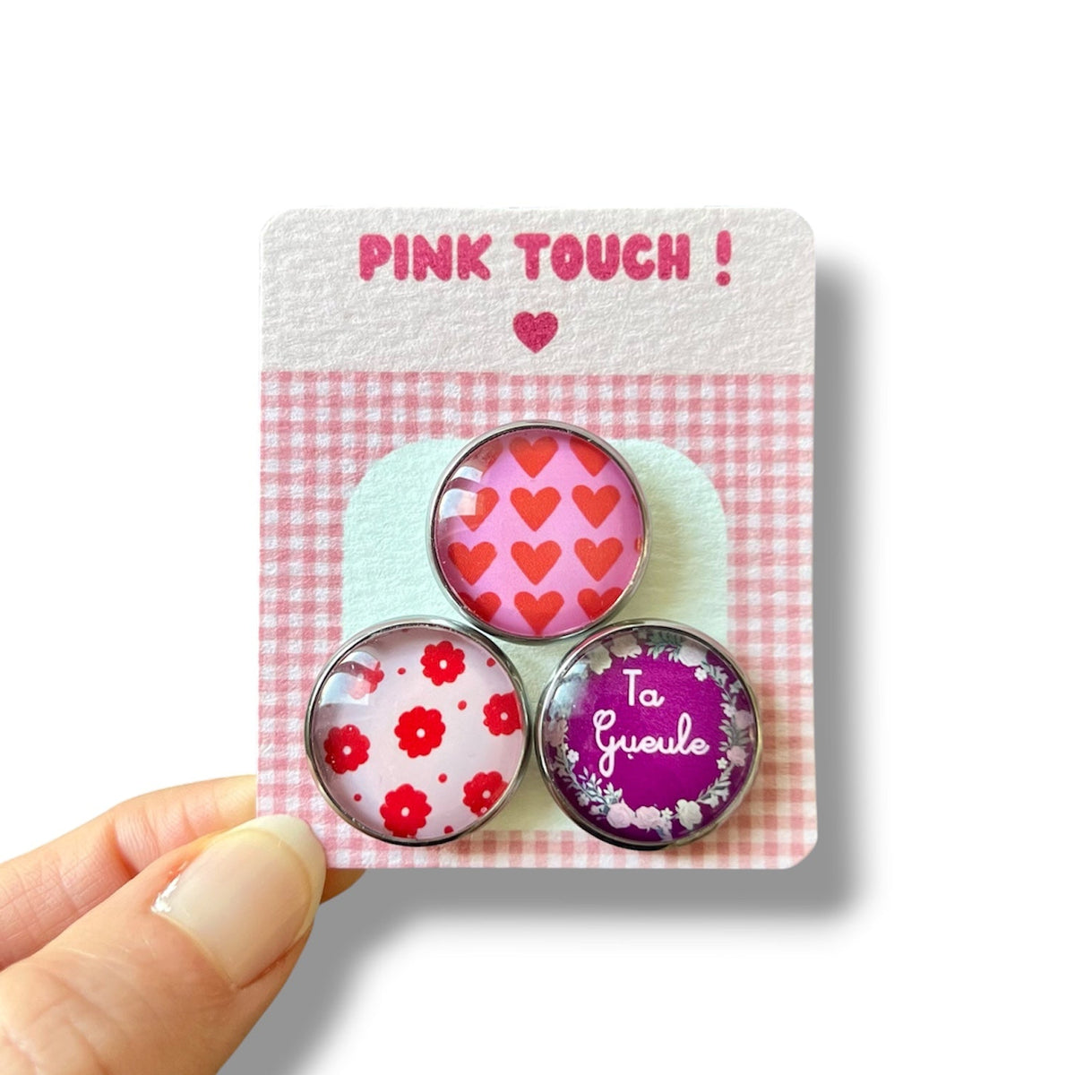 Lot de 3 magnets colorés - Cœurs, Fleurs et message humoristique