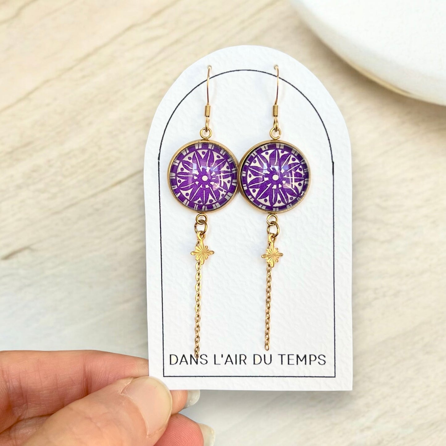 Boucles d'Oreilles Mandala Violettes et chainette