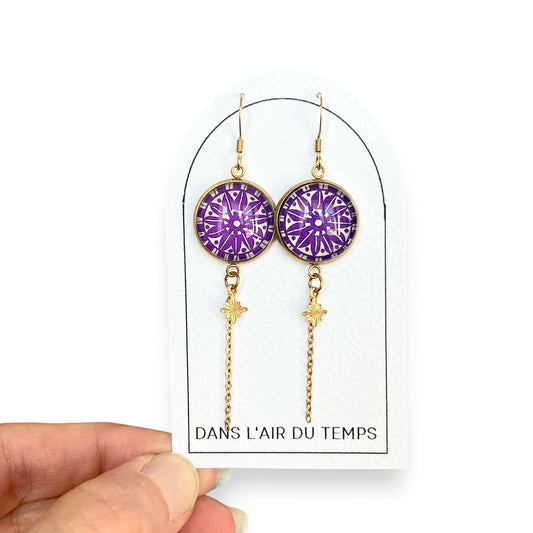 Boucles d'Oreilles Mandala Violettes et chainette