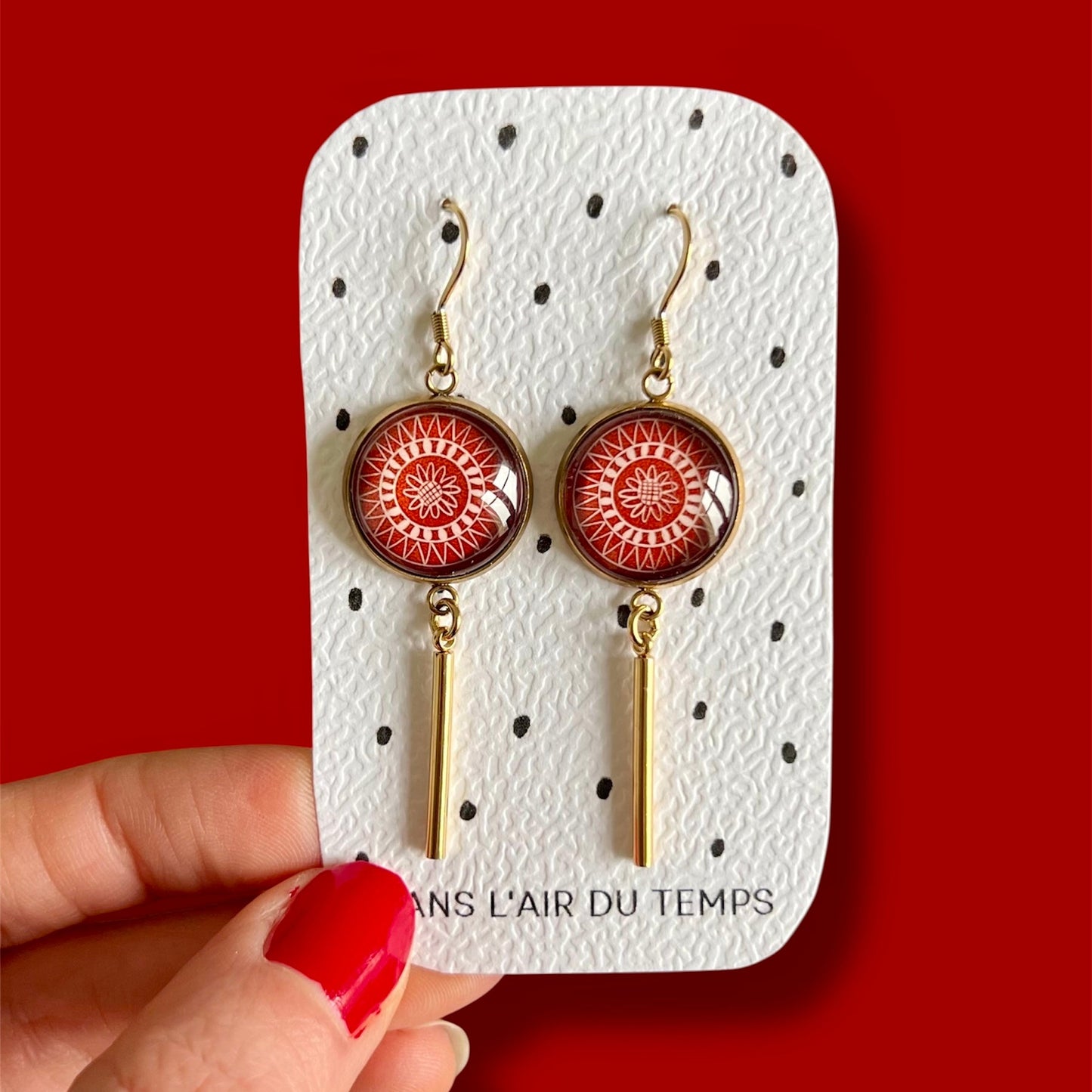 Burgundy mandala Dangle Earrings, Golden 