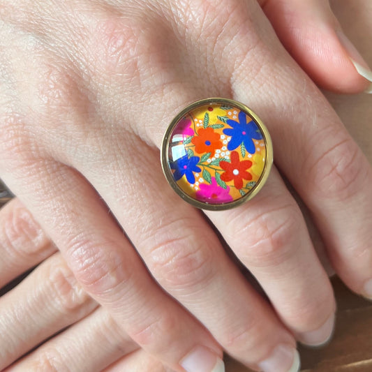 Colorful and yellow liberty Floral Ring, Golden or Silver Finish