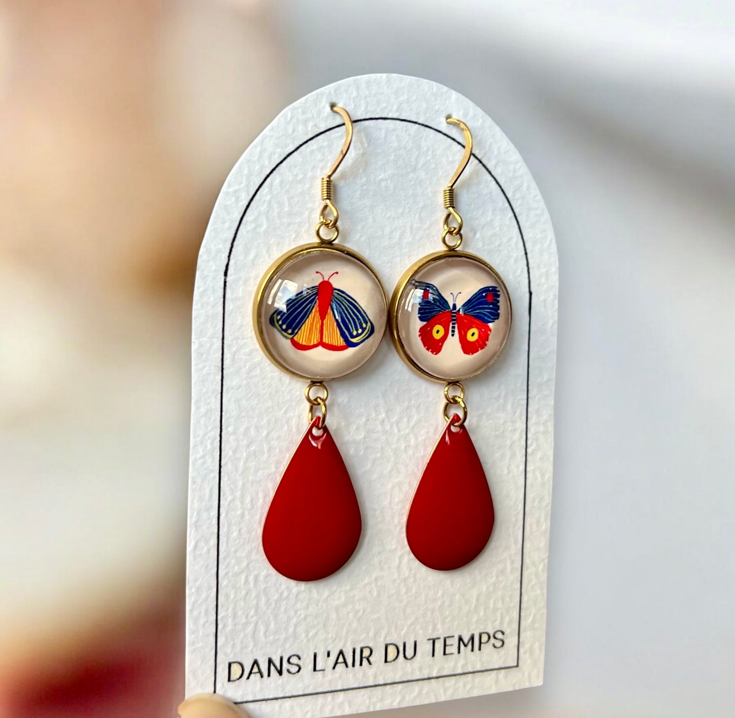 Butterlies Earrings, Stainless steel, Red Enamel