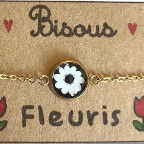 Black and white floral bracelet, golden or silver finish