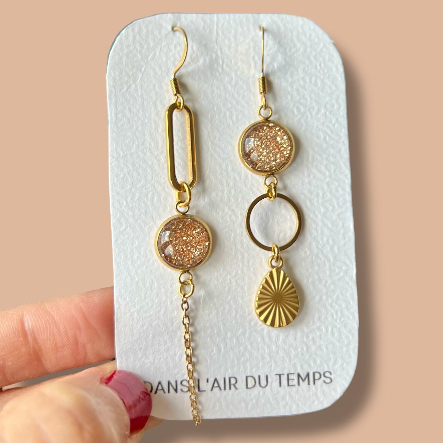 gold glitter mismatched Earrings , Golden Finish