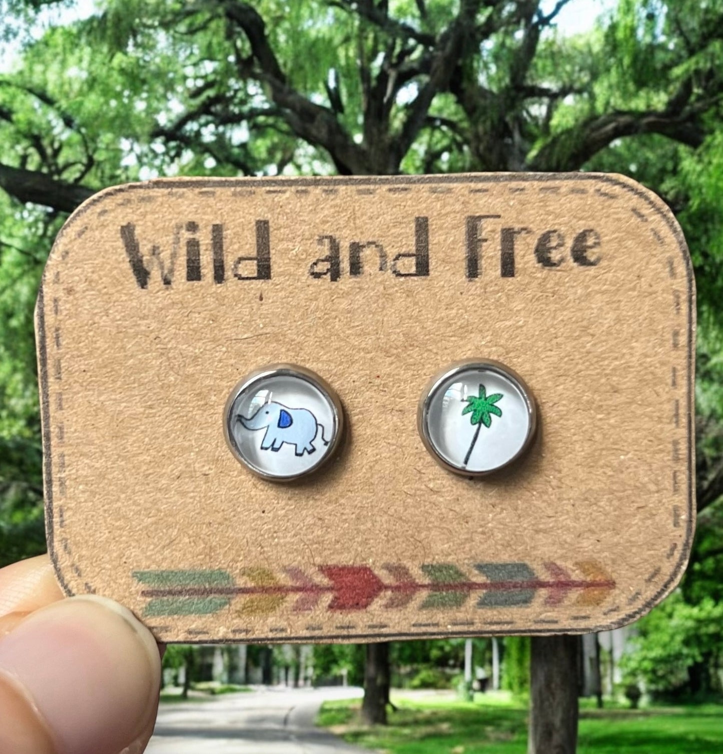 Elephant and Palm Kids Stud Earrings / " Wild and Free "