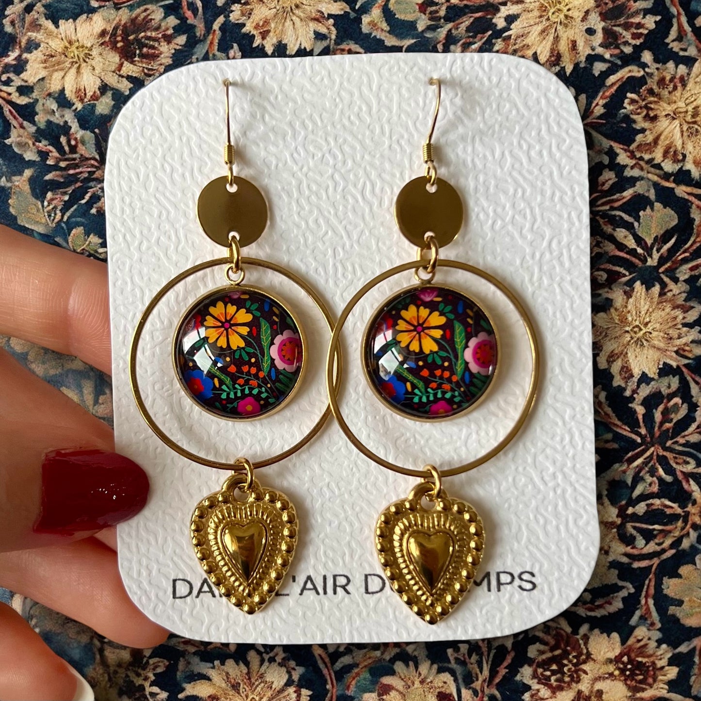 colorful and black floral Earrings, mexican heart