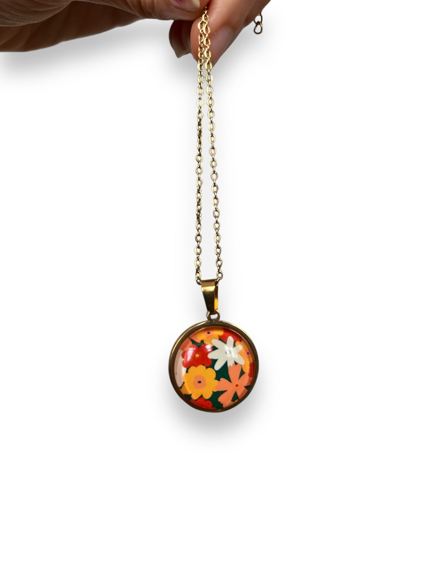 Colorful floral and green Necklace - Golden Stainless Steel Necklace 