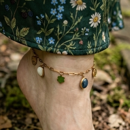 Bracelet de cheville breloques blanc, vert et paillettes argentées