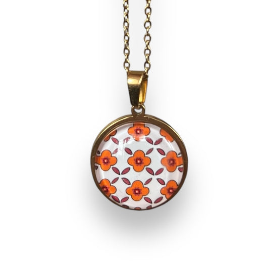 Collier bohème fleurs oranges, acier inoxydable doré / argenté