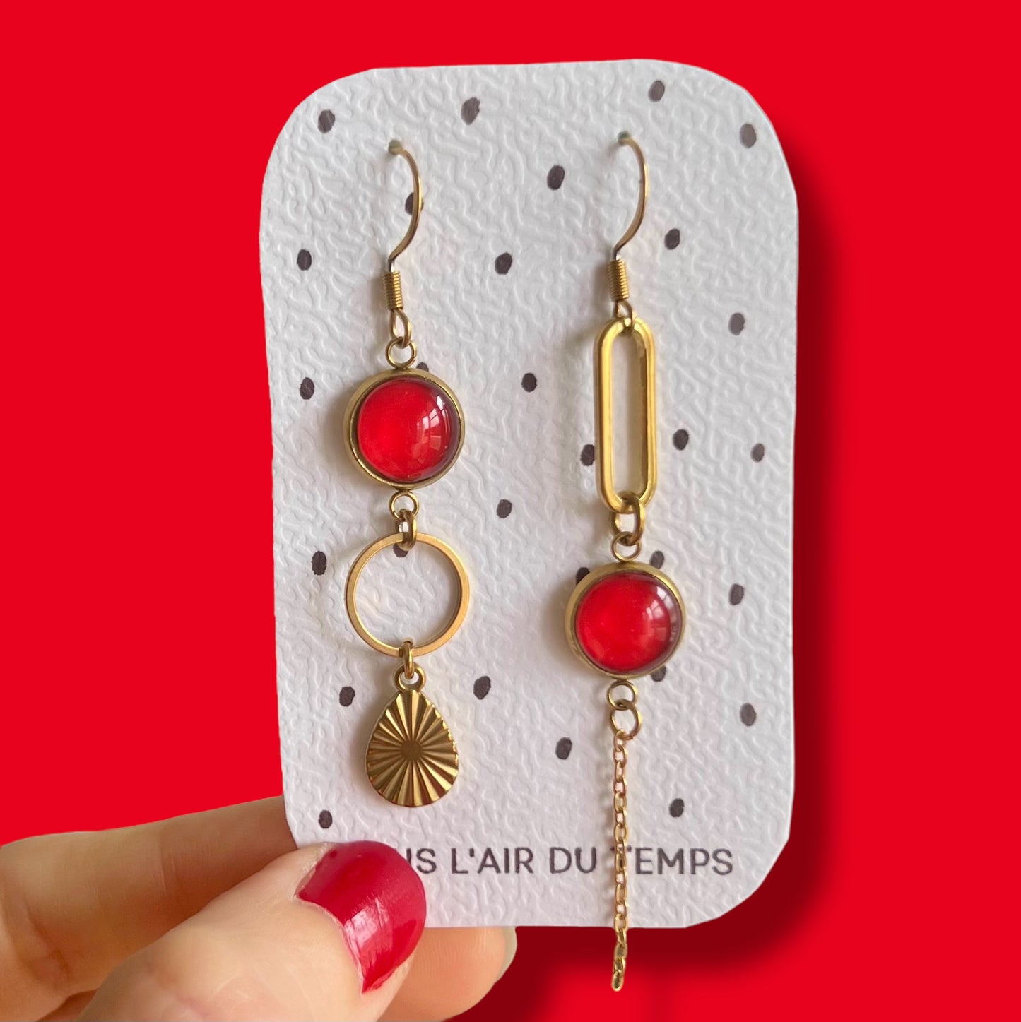 Red mismatched Earrings , Golden Finish
