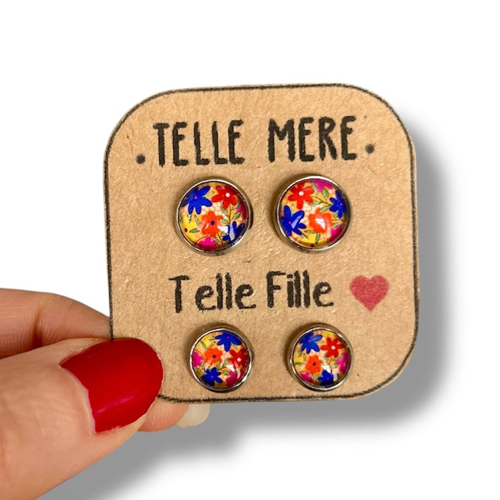 Puces d'Oreilles Mère Fille / "Telle mère, Telle Fille" fleurs multicolores fond jaune