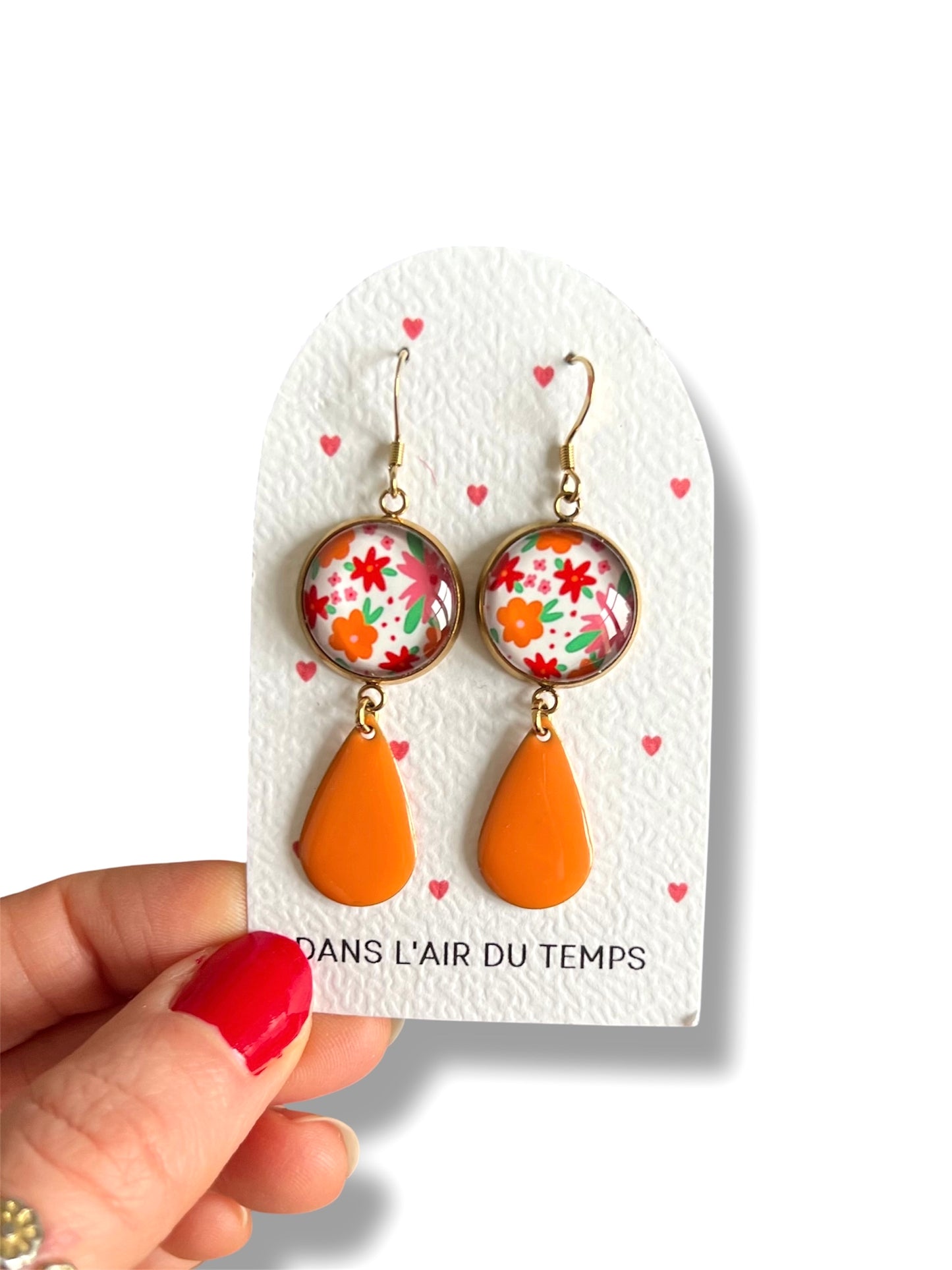 Pink and orange Flowers Earrings, Green Enamel, Golden or Silver Finish