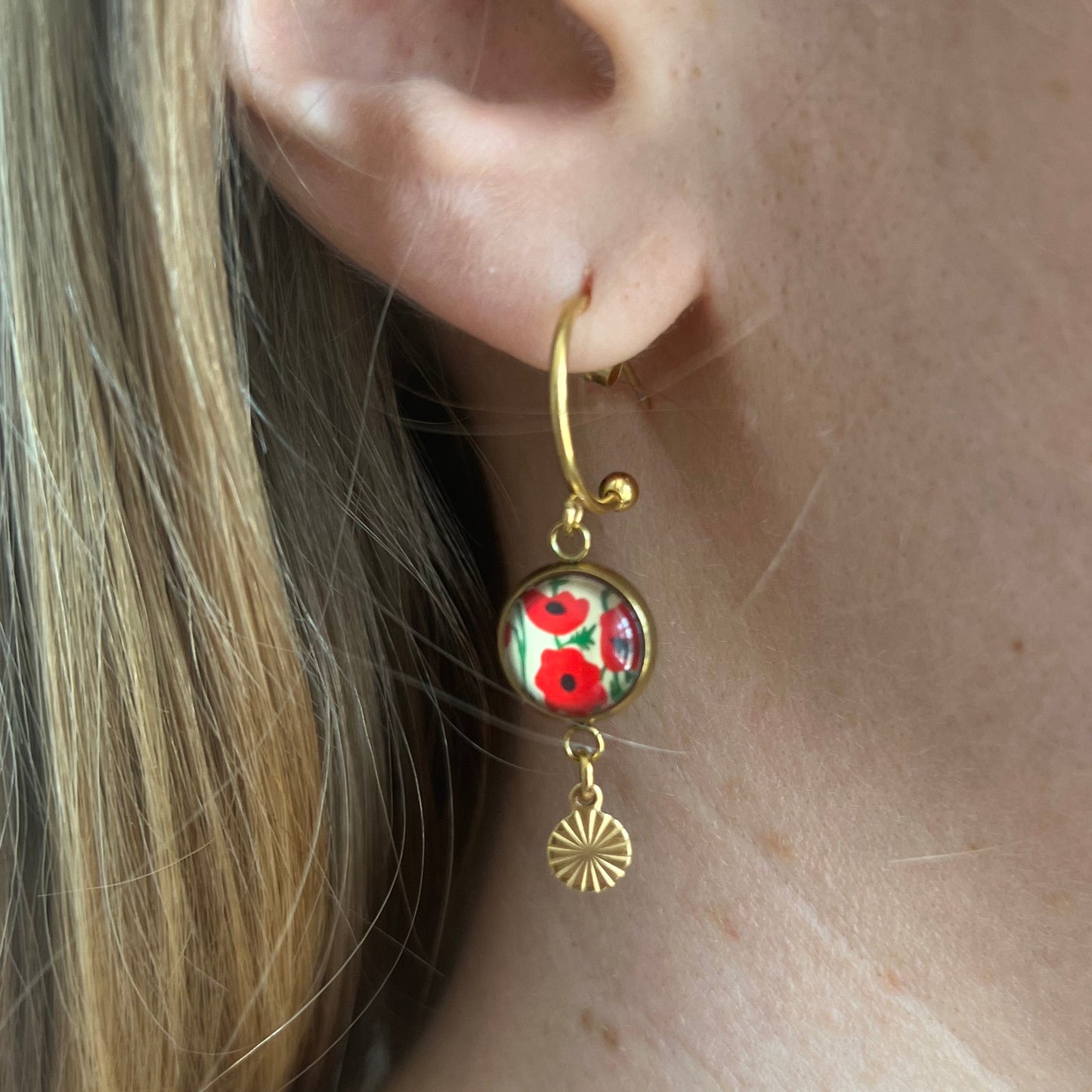 Orange and Green Mandala HOOP EARRINGS, golden or silver finish