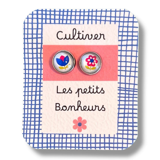 Pink And Blue Flowers Kids Stud Earrings