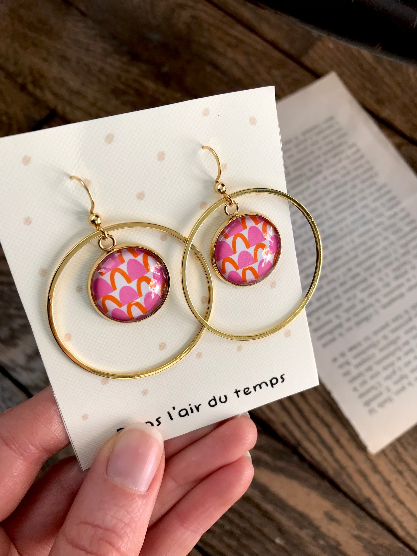 orange and pink geometric Gold Hoop earrings