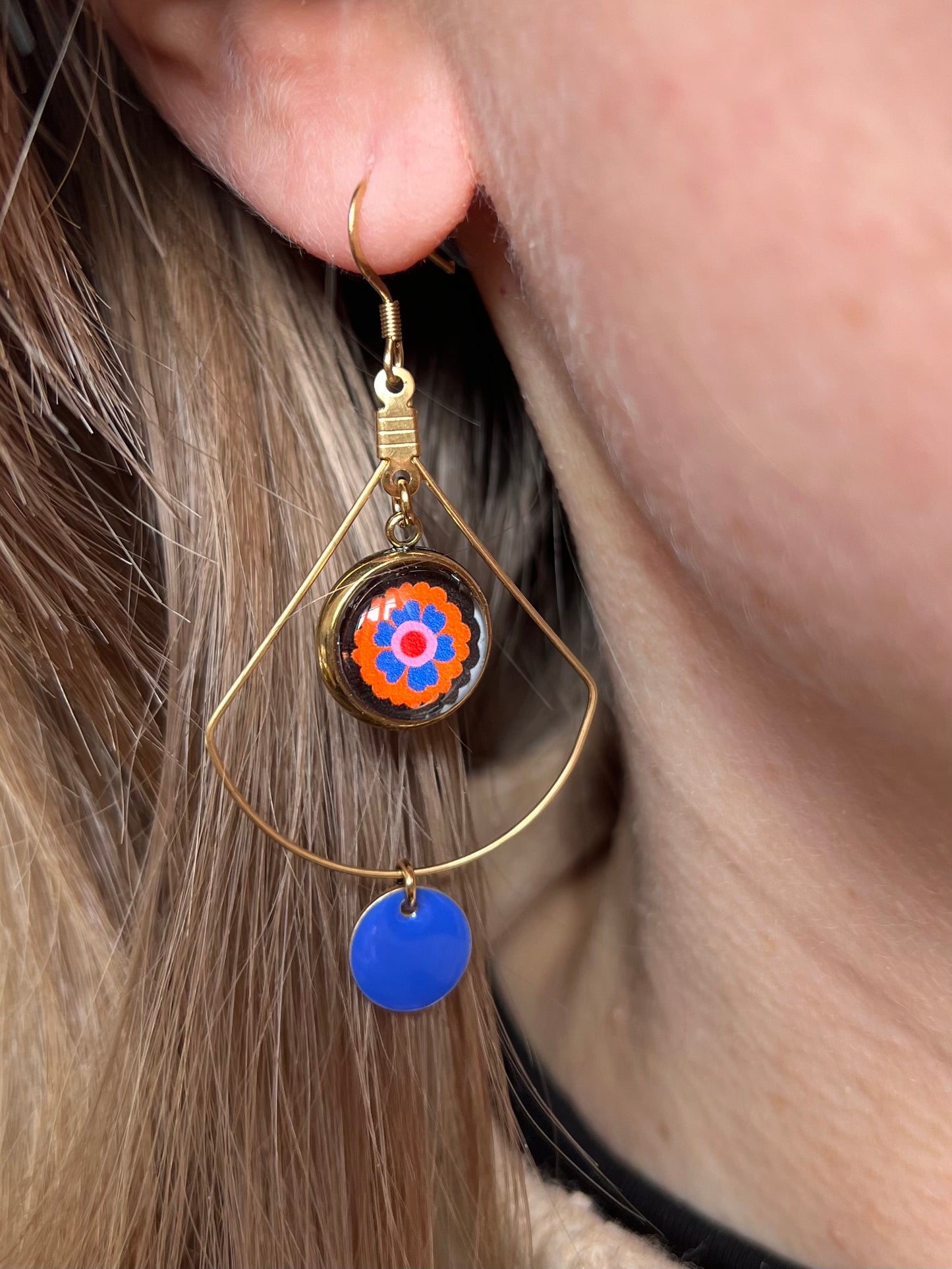 Black and orange Flower Earrings, blue enamel, Golden or Silver Finish